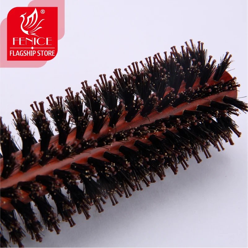 Круглая щетка для волос Fenice щетина свиньи коричневая щетинка с деревянной ручкой