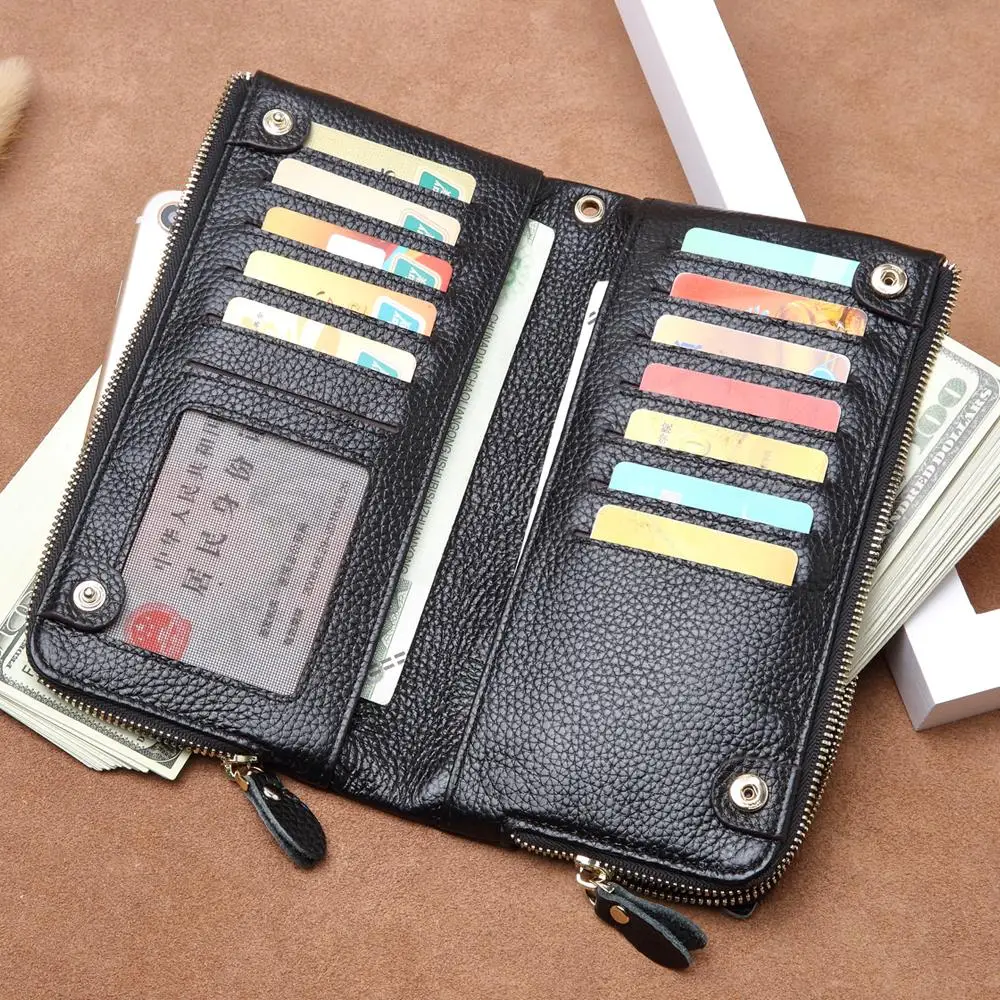 Top Grain Unisex Genuine Leather Wristlet Wallet Double Zipper Pocket Clutch Bag Coin Purse Card Holder | Багаж и сумки