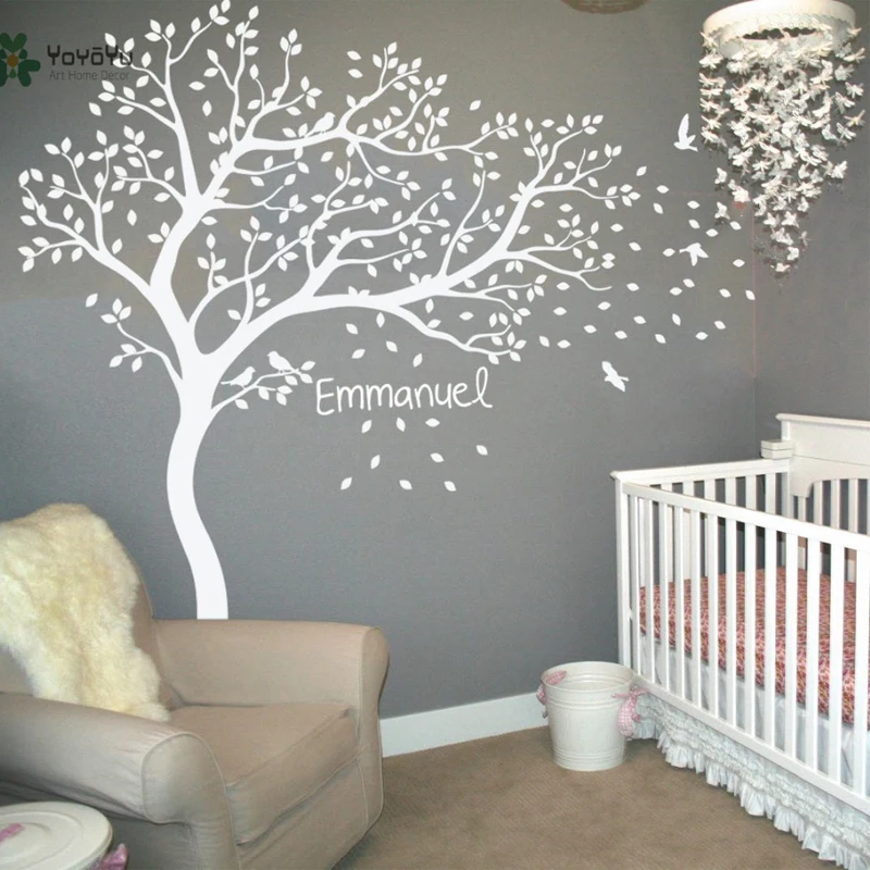 

Wall Decal Vinyl Sticker Nursery Large White Tree Bird Custom Any Name And Color Kids Bedroom Decoration Removable Mural WW-344