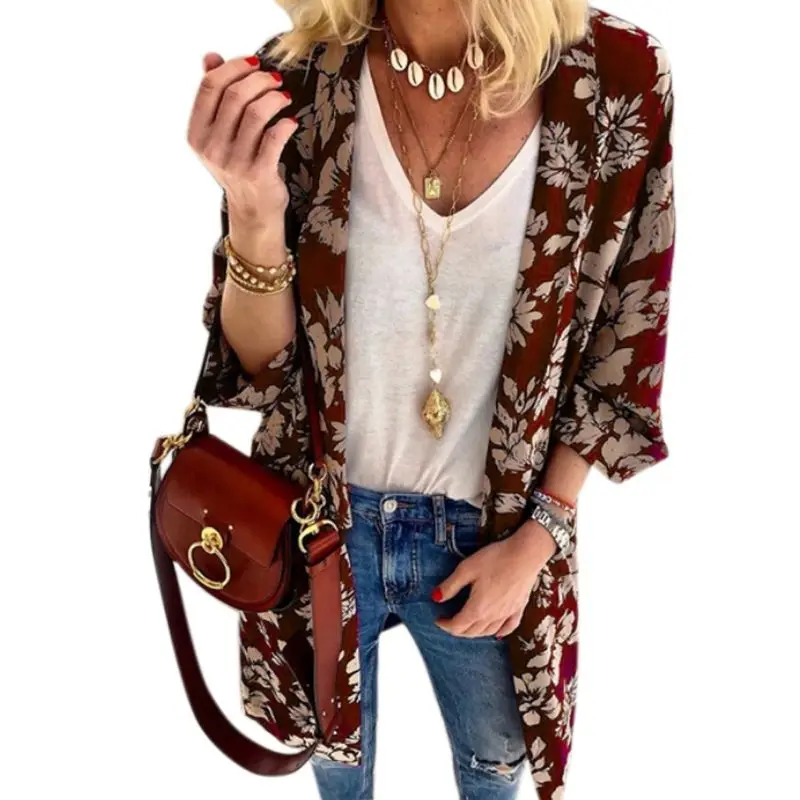 Red Женский кардиган-кимоно с открытым передом на весну и лето, 3/4, рукав летучая мышь, винтажная блузка с цветочным принтом, куртка средней длины, тонкая верхняя одежда - Цвет: Red