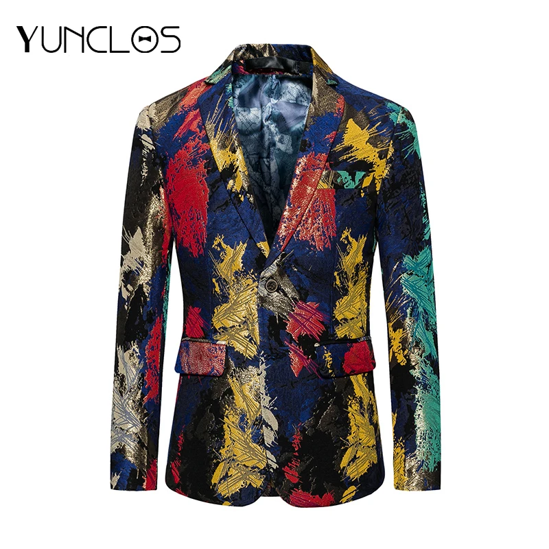 YUNCLOS 2019 модный мужской блейзер с принтом Свадебный костюм куртки Slim Fit шаль