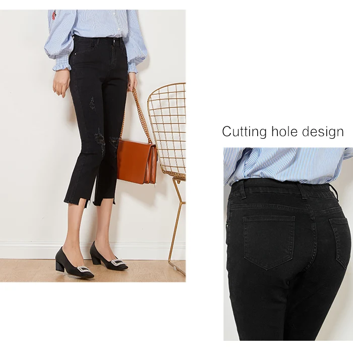 Женские рваные джинсы LEIJIJEANS, повседневные узкие черные джинсы-клеш до щиколотки с бахромой и средней талией, модель 6252 большого размера на осень