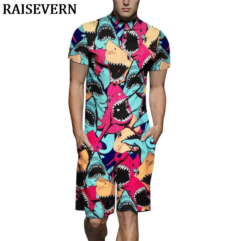 Мужские комбинезоны с рисунком акулы 3D Харадзюку шаровары карго цельный