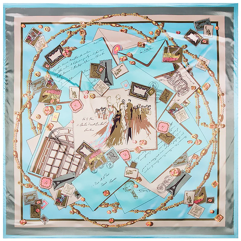 90x90cm Winter Imitation Silk Scarf Big Square Handkerchief Luxury City Building Poster Card Envelop Patchwork Gils Scarves Hot |