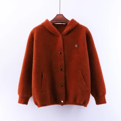 Caramel colour Зимняя Светодиодная лампа направленного света пальто с капюшоном свитер женская модная брошь однобортный свитер высокого качества пальто женское - Цвет: Caramel colour