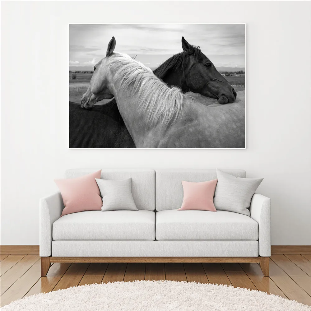 Фото Черно белая краска на стену рисование лошадей холсте картины для гостиной