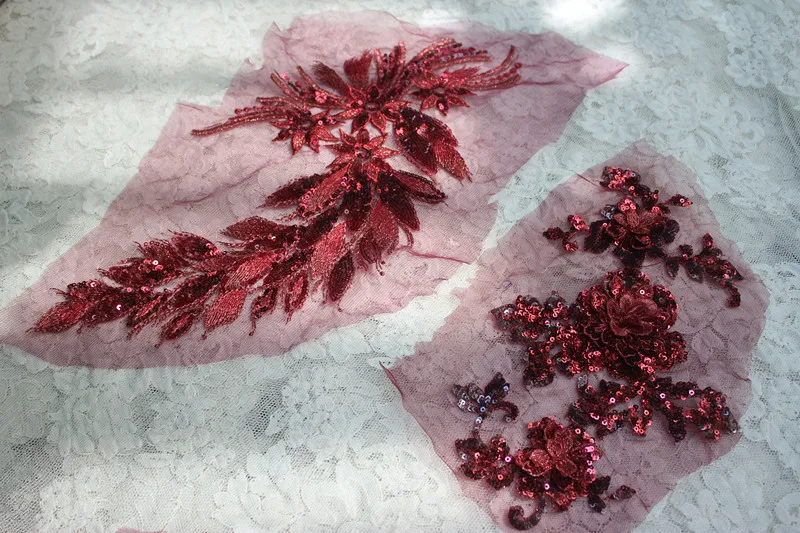 (4 шт./лот) Бесплатная доставка Пришивные винно Красные Аппликации из кружева с