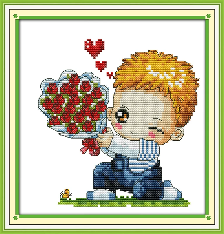Мальчик приносит цветок для ухаживания Счетный напечатанный на ткани 14CT 11CT