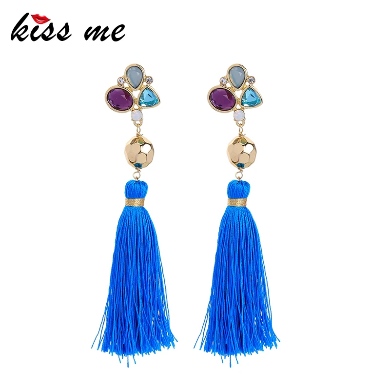 KISS ME Women Tassel Earrings Bohemian New Blue Cotton Thread Fringe Long Drop Ethnic Jewelry | Украшения и аксессуары