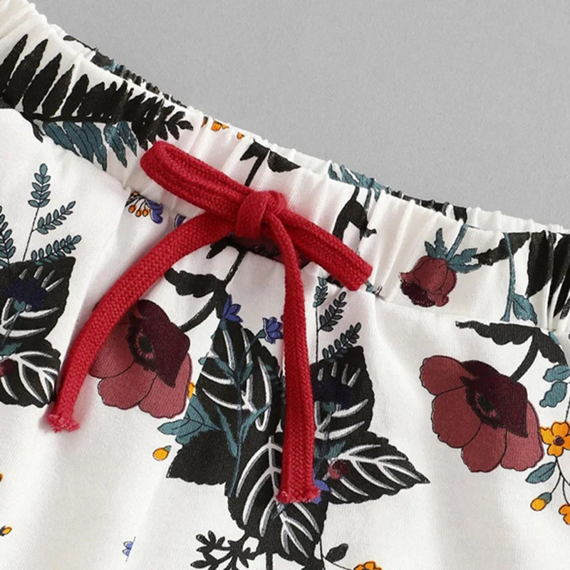 SHEIN/детский топ с растительным принтом и шорты на завязках; Комплект для девочек; Одежда для девочек-подростков; коллекция года; летний Повседневный Детский костюм с короткими рукавами