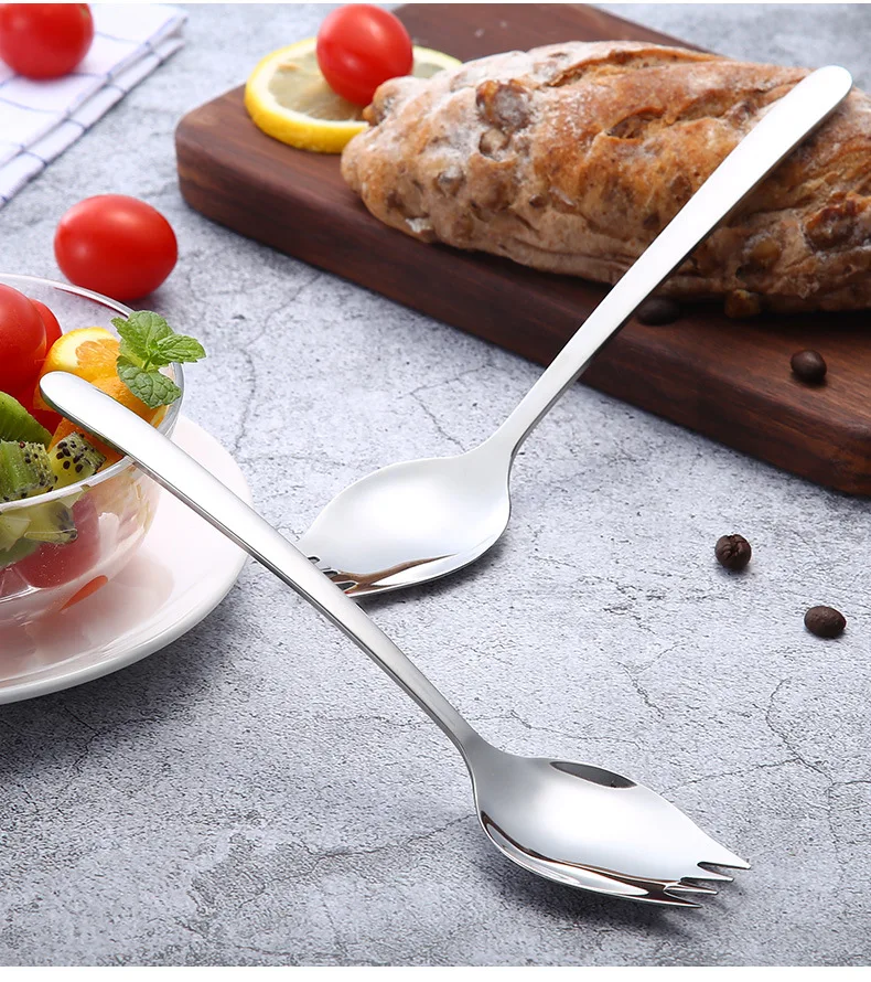 1 шт. многофункциональная ложка для салата Spork из нержавеющей стали 304, вилка с длинной ручкой для пикника, вилки для фруктов, используемая для лапши, столовая посуда