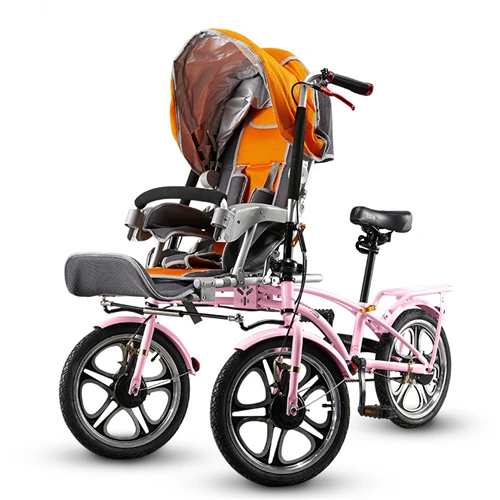 Pink Orange Двухместный трехколесный велосипед для мамы и ребенка, складная детская коляска, родительский автомобиль, детская коляска, велосипед, высокое качество, можно толкать или кататься - Цвет: Pink Orange