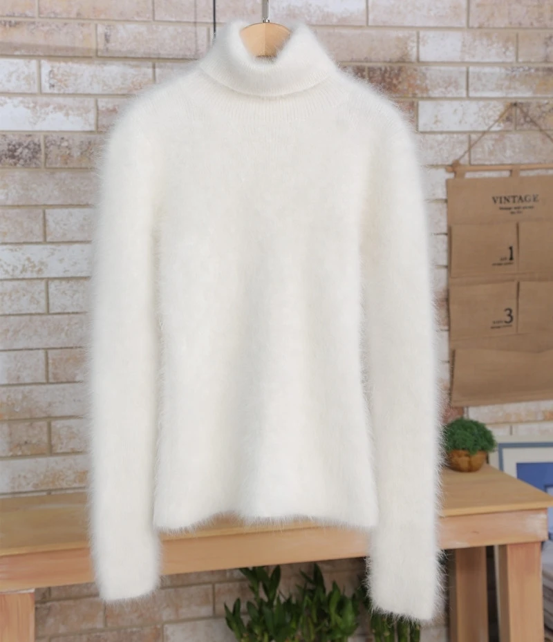 White Faux Mink Cashmere Long Sleeve Turtleneck Sweater Women 2020 Autumn Winter Basic Warm jumper Pullover Pull Femme Hiver | Женская