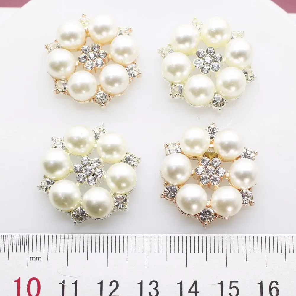 

Hot Sales! 10pc 28mm Ivory Pearl Buttons Flat Back Rhinestone Button DIY Scrapbook Metal Flower Center For Handmade decorations