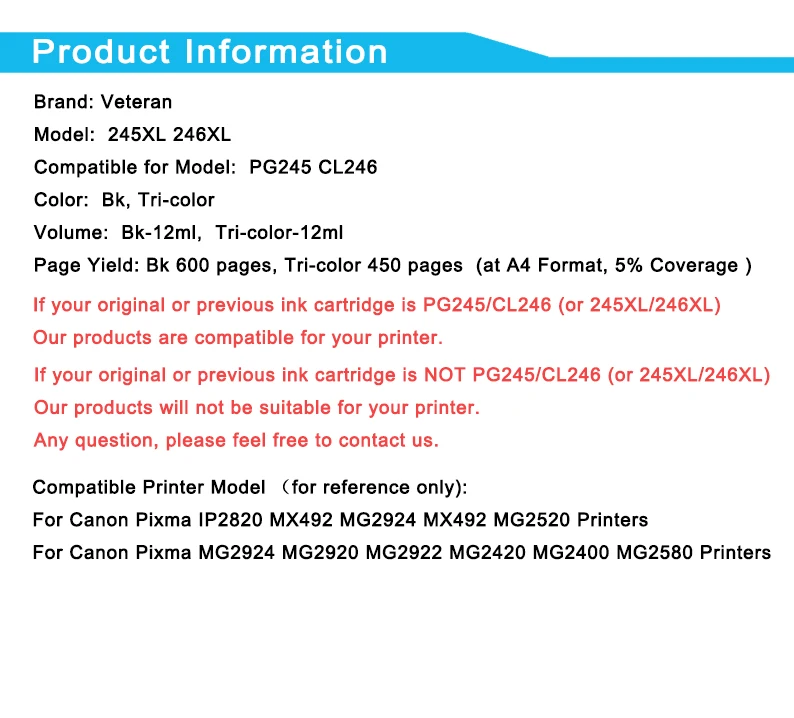 Картридж Veteran 245XL совместимый с canon PG 245 PG-245 чернильного картриджа для Pixma IP2820 MX492