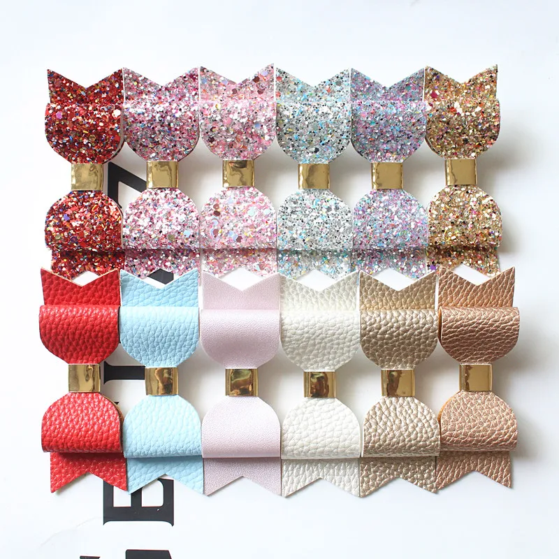 

12pcs Double Hair Bow Prince Kids Girl Hair Clip Faux Glitter Felt Litchi Stria PU Leather Hair Grip Stripe Gold Clip Barrettes