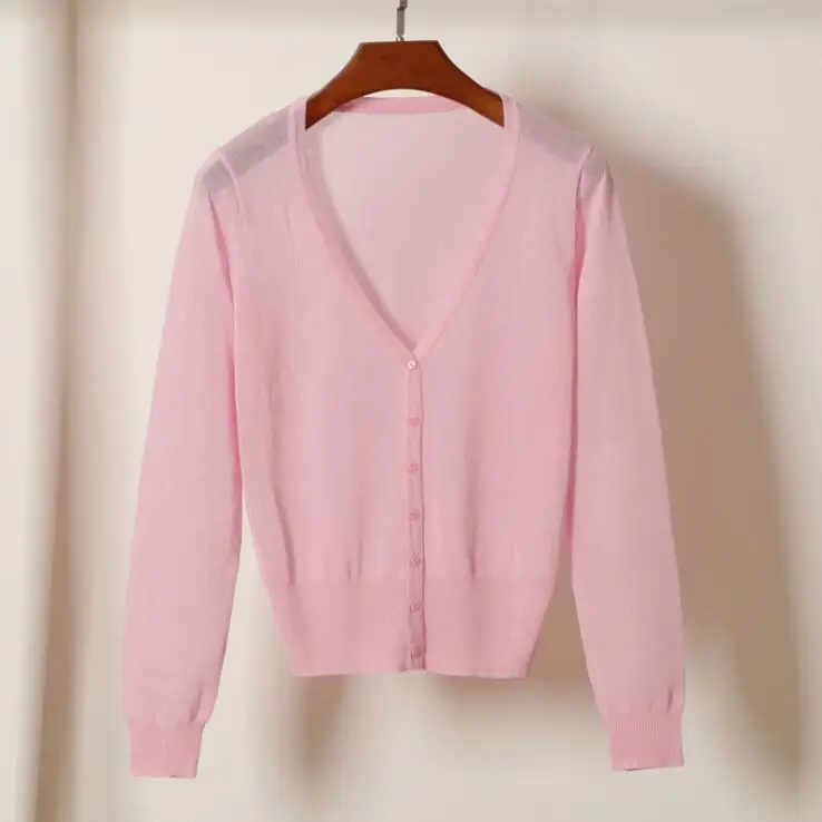pink Queechalle 20 цветов короткий кардиган пальто на лето и весну женская V образным вырезом Ice Шелковый Тонкий Пальто для будущих мам розовый, белый, черн - Цвет: pink