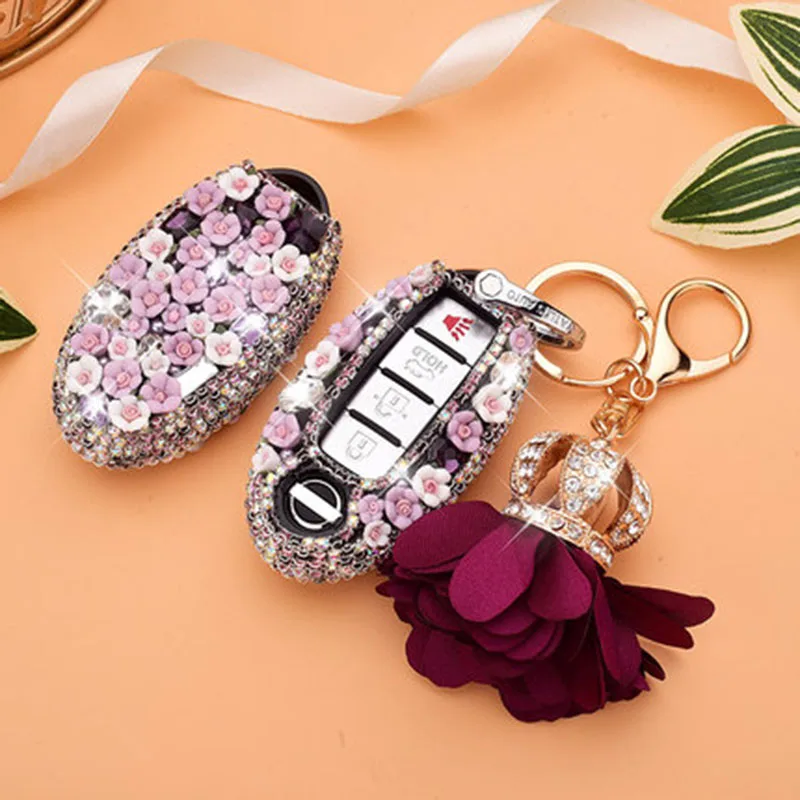 Purple flower Чехол для ключей автомобиля ключ с бриллиантами сумка для Nissan Qashqai J10 J11 X-Trail t31 t32 kicks Tiida Pathfinder Мурано Note Juke Infiniti - Название цвета: Purple flower