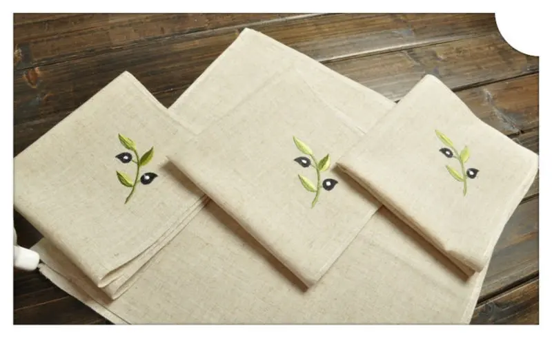 Оливковое вышитые льняные ткани Столовые салфетки/полотенца 42x42 см | Дом и сад