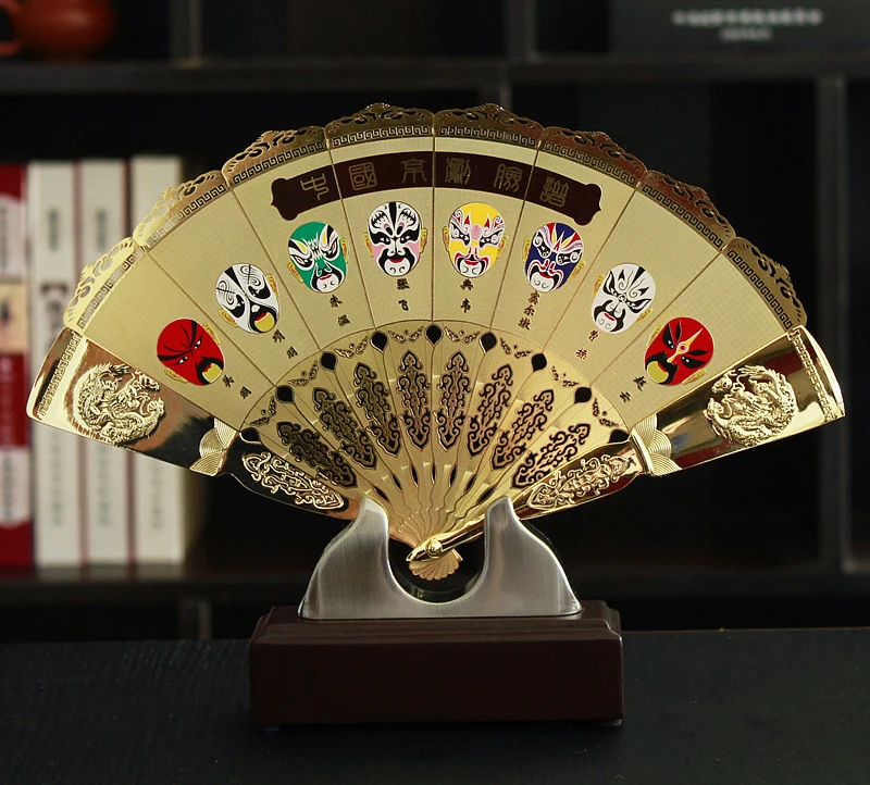 

HOT SALE foreign business gift CHINA beijing opera ART FACE PU gilding fan copper statue with box --Collector Edition