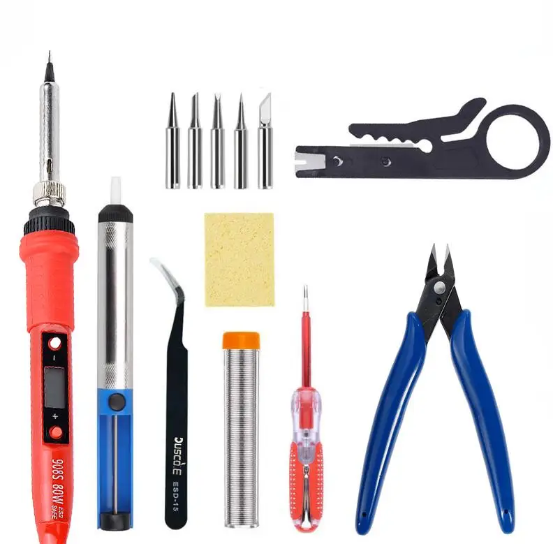 Simple version Kit B 220 В 80 Вт ЖК-паяльная станция с регулируемой температурой, Электрический паяльник, набор 5 шт., сварочный наконечник, паяльная проволока, инструмент для ремонта - Цвет: Simple version Kit B