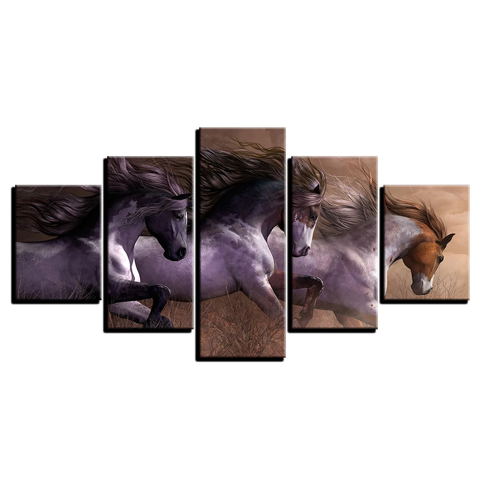 Modern Canvas Paintings Living Room Wall Art Modular HD Prints Pictures 5 Pieces Animal Horses Race Posters Home Decor Framework | Дом и сад