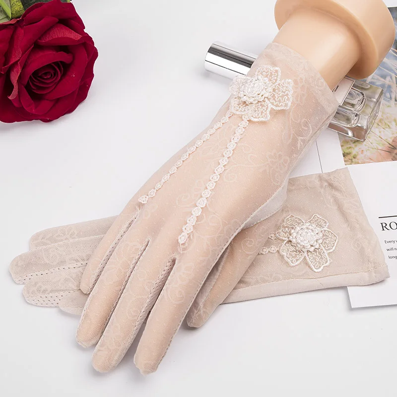 Big Floral Beige Кружевные летние солнцезащитные Короткие наручные перчатки, весенние модные перчатки с сенсорным экраном и УФ-защитой от солнца, перчатки для вождения автомобиля, вечерние женские перчатки Guantes Mujer - Цвет: Big Floral Beige