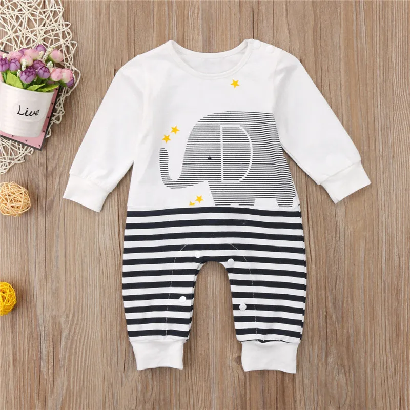 

CANIS 2018 Autumn Casual One Piece Bebe Kid Boys Kids Baby Girls Boy Elephant Striped Romper Jumpsuit Outfits Clothes