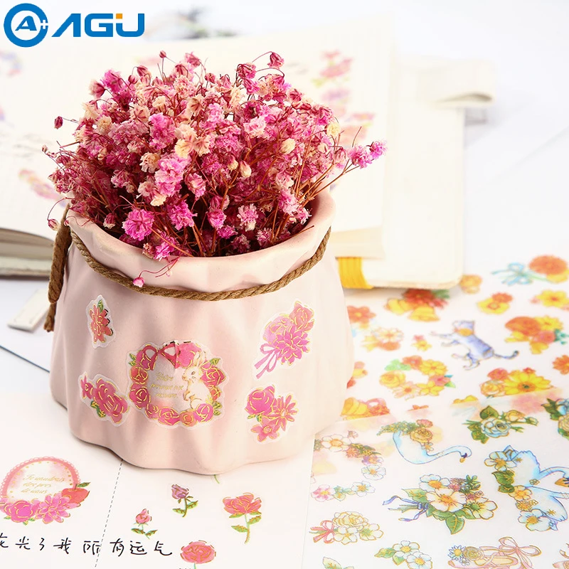 

AAGU 6pcs Lovely Cat And Fresh Flower Mixed Design Ashesive Washi Stickers Craft Scrapbooking Decoration Office Supplies Sticker