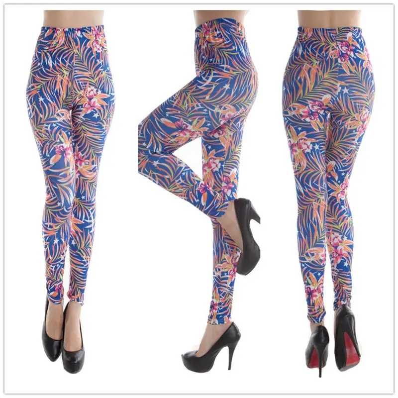 Цветной принт с цветочным рисунком эластичные синие зеленые Леггинсы узором