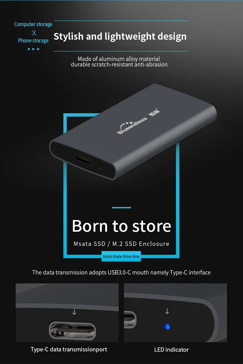 Blueendless M.2 портативный жесткий диск ssd Чехлы Кабель с разъемом типа c usb 3,0 msata 2242/2260/2280 жесткого диска серебристый алюминиевый hdd caddy