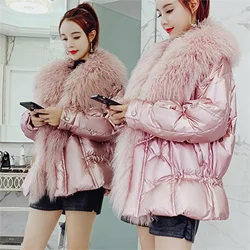 pink Куртка-пуховик на утином пуху, женские зимние пальто, женская короткая парка, женская одежда с натуральным овечьим мехом,, большие размеры, abrigos mujer - Цвет: pink