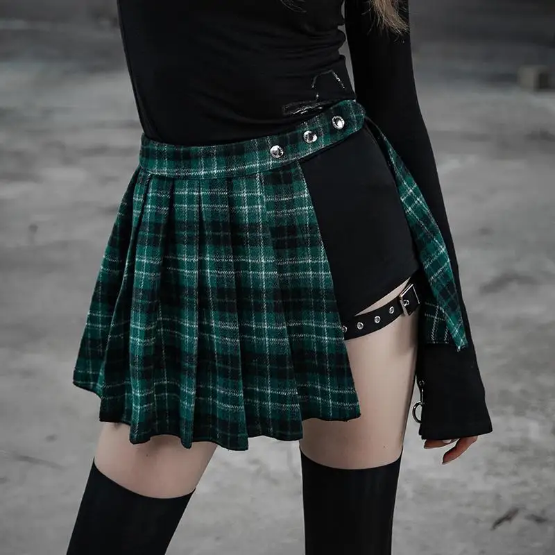 Панк Rave women's Goth двухсекционные нестандартные трапециевидные клетчатые плиссированные юбки PQ467BQ