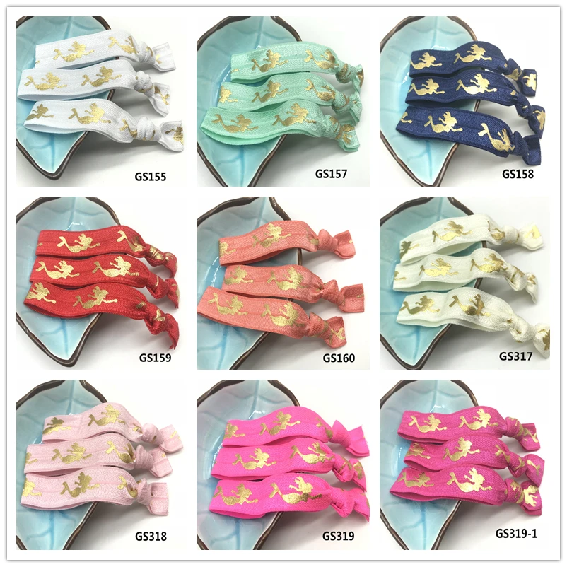 10 Colors 3 5/8" Fold Over Elastic Hair Band Mermaid Printed Gold Foil Hair Tie FOE Ribbon Ponytail Holder Twist band  - buy with discount