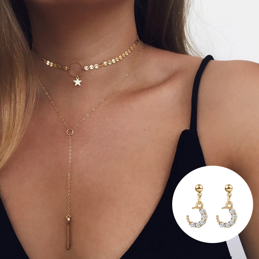Jewelry Set 2019 for Woman Minimalist Metal Necklace Earrings suit Moon Stars Multilevel NE+EA Gift Party | Украшения и