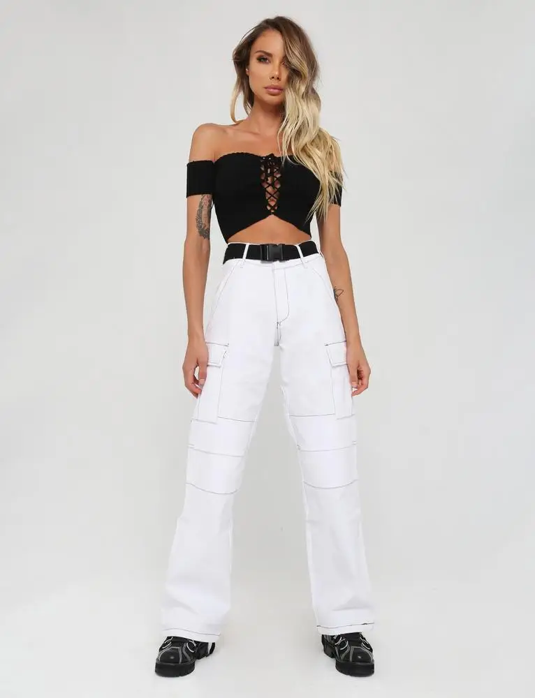 SS2018 женские белые сшитые черные пояса с высокой талией прямые брюки боковыми