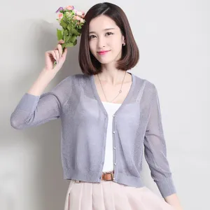 Женский трикотажный кардиган, тонкий вязаный кардиган с V-образным вырезом и длинным рукавом, весна-лето