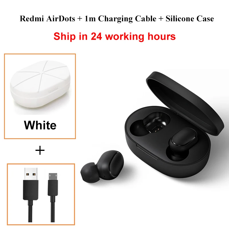 Add Cable n Case WH Оригинальные беспроводные наушники Xiaomi Redmi AirDots, Bluetooth 5,0, DSP, активная гарнитура с шумоподавлением TWSEJ04LS 4,1g - Цвет: Add Cable n Case WH