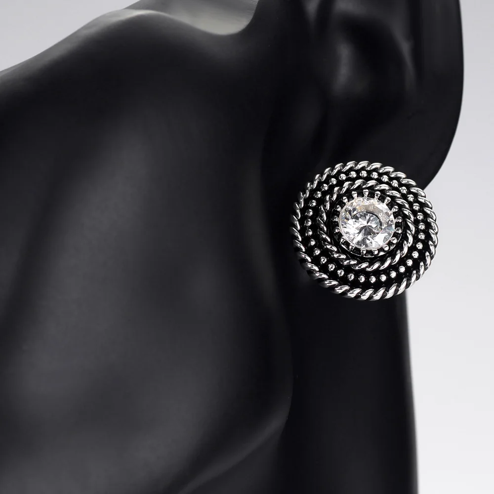 Neoglory Vintage Zircon Button Earrings For Women Silver Plated Black Round Jewelry Wholesale Twisted Rope Setting FA | Украшения и