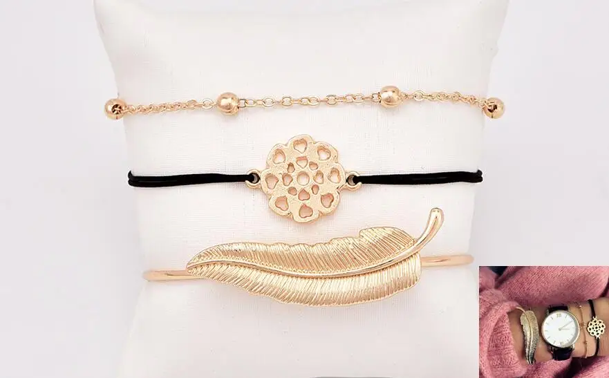 3pcs set 4 шт./компл. Для женщин браслеты в богемном стиле листья узел круглая цепь открытия набор с золотым браслетом женская модная одежда ювелирные изделия - Окраска металла: 3pcs set