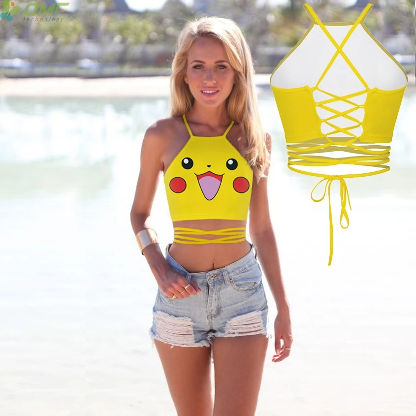 Симпатичные Покемон Пикачу дамы цельный без бретелек Пляжная мода груди