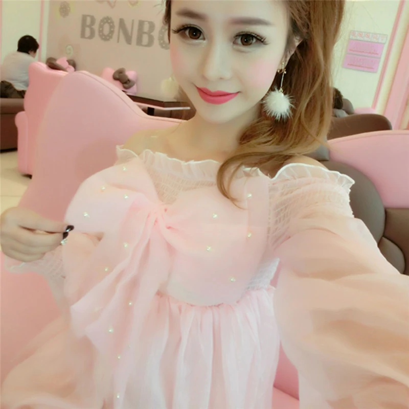 

Girl Sweet Dress Women Cute Bowknot Princess Slash Neck Full Sleeve Chiffon Pink Loose Mini Dresses Summer Fashion 200-A040