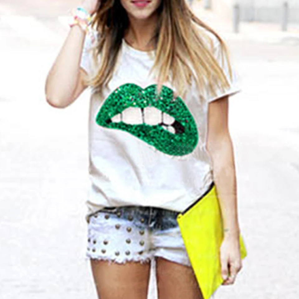 Светящийся Зеленый Красный Губы Футболка Блестки Паетки Харадзюку Каваи Милый