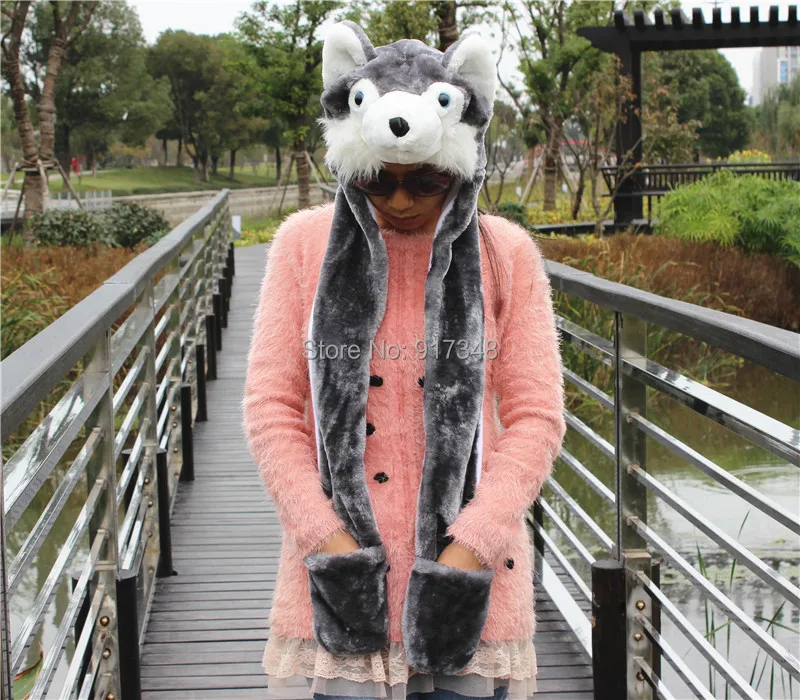 Зимняя теплая шапка шарфик перчатка серый Wolf Animal косплей кепка|wolf hat scarf|animal hats