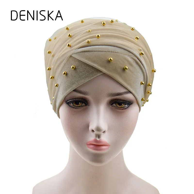 DENISKA новинка 2018 африканская повязка на голову Женский бархатный тюрбан с бисером