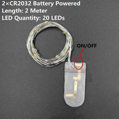 CR2032 2M 20leds Батарея батарейках светодиодный гирлянда Медь серебряной проволоки 1 м 2 м 5 м 10 м светодиодная гирлянда DC 5 V USB Рождественский Декор лампы для свадьбы, вечеринки строка - Испускаемый цвет: CR2032 2M 20leds