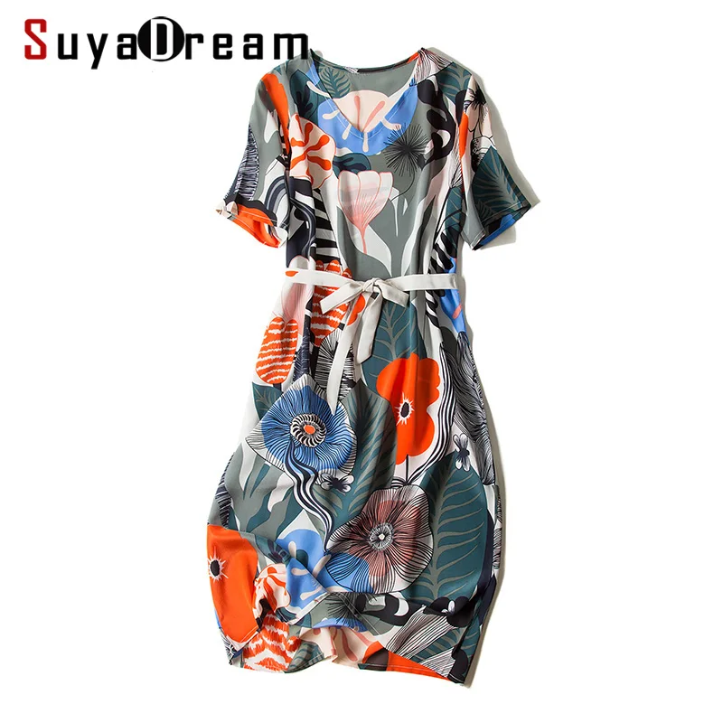 Женское шелковое платье с поясом 100% натуральный шелк цветочным принтом длина до середины икры из крепа 2018