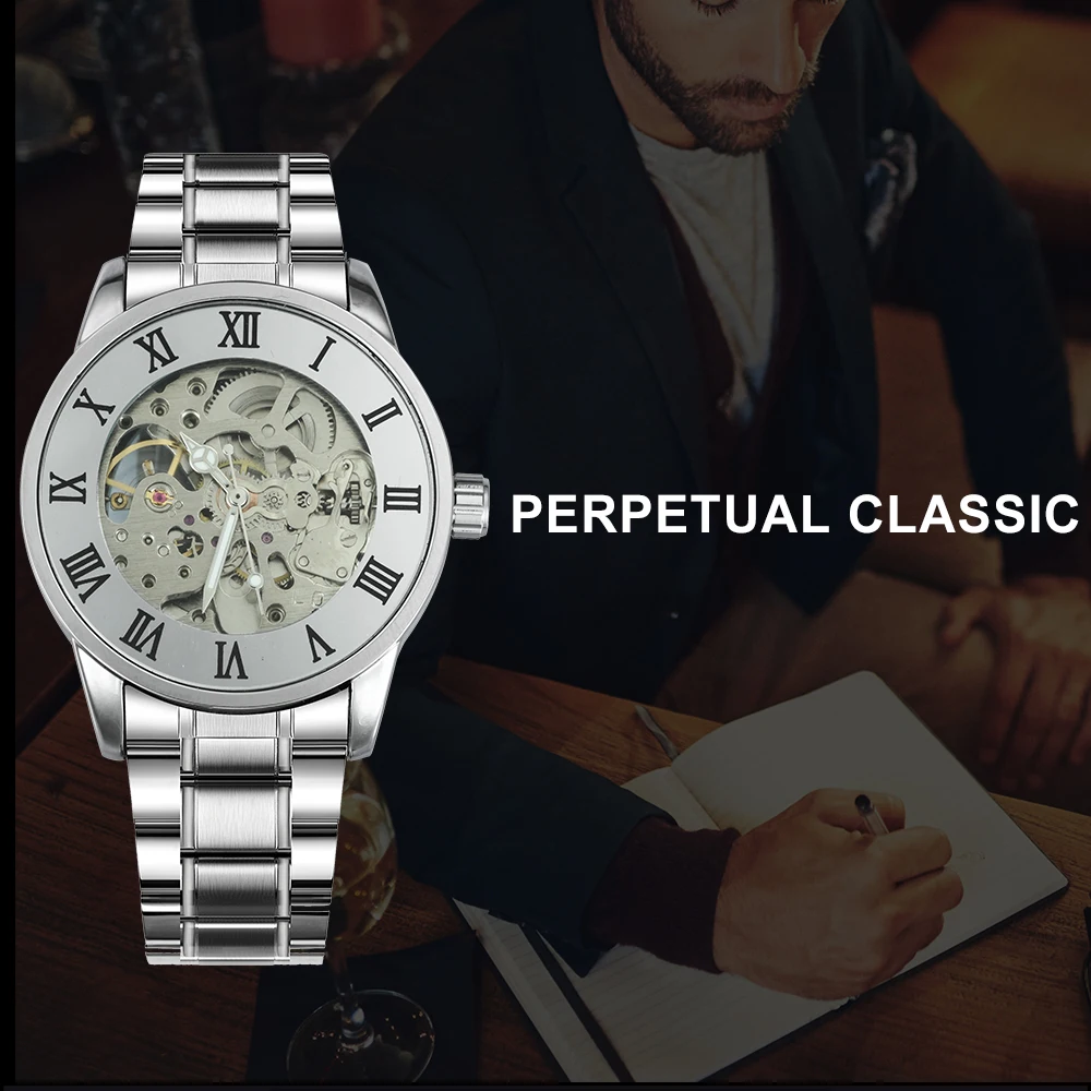 Роскошные брендовые стальные мужские часы с автоматическим скелетом