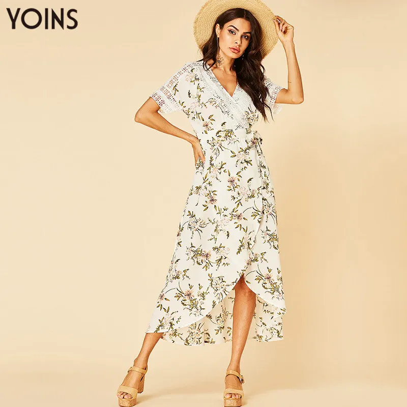 YOINS Мода 2019 Женское летнее платье Белые платья с цветочным принтом V образным