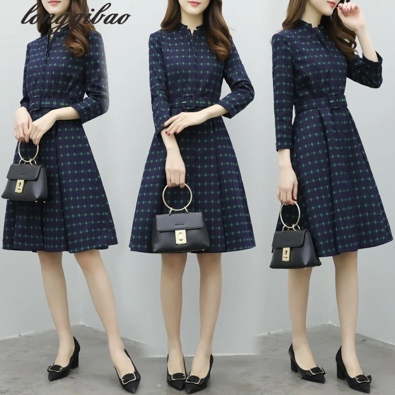 Платье в клетку с высокой талией и рукавами европейском американском стиле AL7427